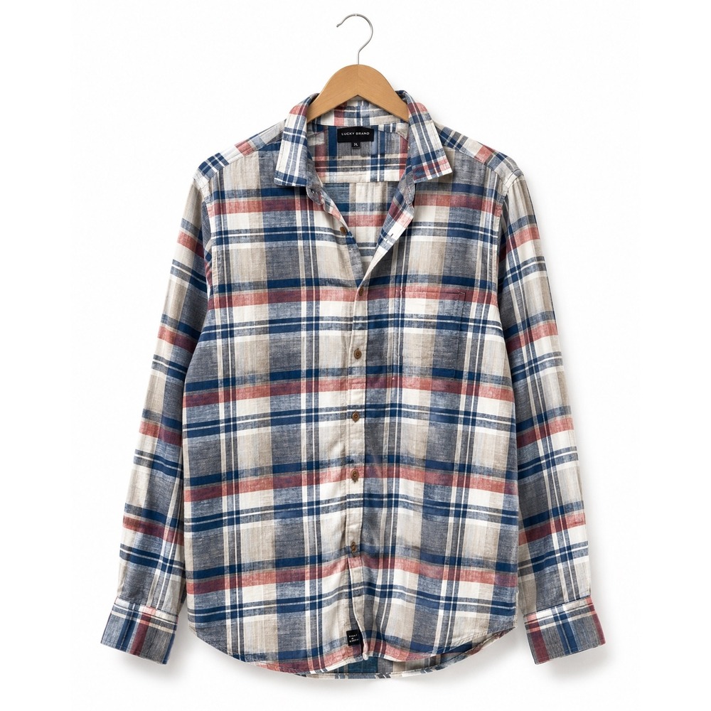 Lucky Brand Mens XXL Plaid Button Down Shirt Blue Red Cream Cotton Long Sleeve